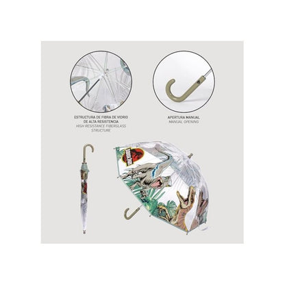 JURASSIC WORLD - Transparenter und Mehrfarbiger Unisex-Regenschirm mit Glockenform für Kinder DINOSAUREN T-REX