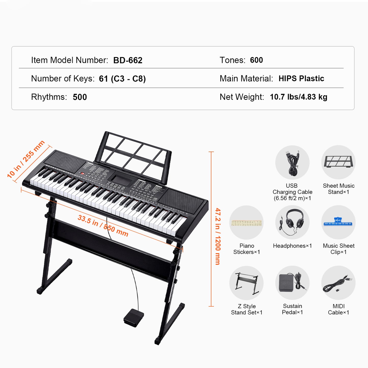 VEVOR 61-tastiges digitales Keyboard, elektrisches tragbares Klavier mit verstellbarem Ständer