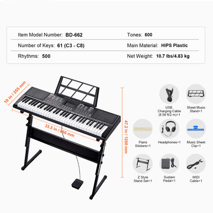 VEVOR 61-tastiges digitales Keyboard, elektrisches tragbares Klavier mit verstellbarem Ständer