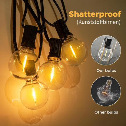 7m/9,5m/10m/12m/15,5m/17,25m G40 LED Solar-Lichterkette für den Außenbereich mit Fernbedienung, 8 Beleuchtungsmodi, IP65 Kunststoffbirne für Partys, Hochzeiten, Innen- & Außenbereich