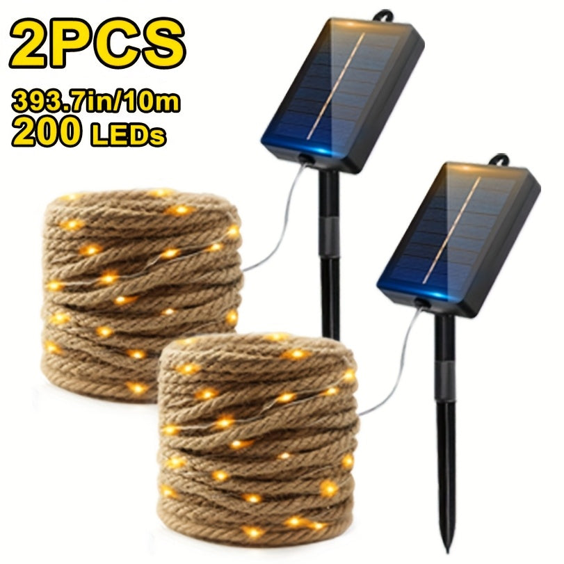1 Stk./2 Stk. 200/100 LED Vintage Seil Hanf Lichterkette, Solarbetriebene Feenlampe mit 8 Blinkmodi, IP65 Semi-Flush Mount Rasenlampe für Außenbereich Garten Terrasse Camping Weihnachtsbaum Café Hochzeit Party Neujahr Festliche Ambiente Deko LED Beleuchtu
