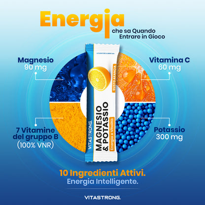 Vitastrong Magnesium und Kalium Formel 10-in-1, Kalium- und Magnesium-Integrator Multivitamin-Sticks 24 mit Vitamin C und B-Vitaminen, ohne Saccharose, Gluten, Orangen-Geschmack