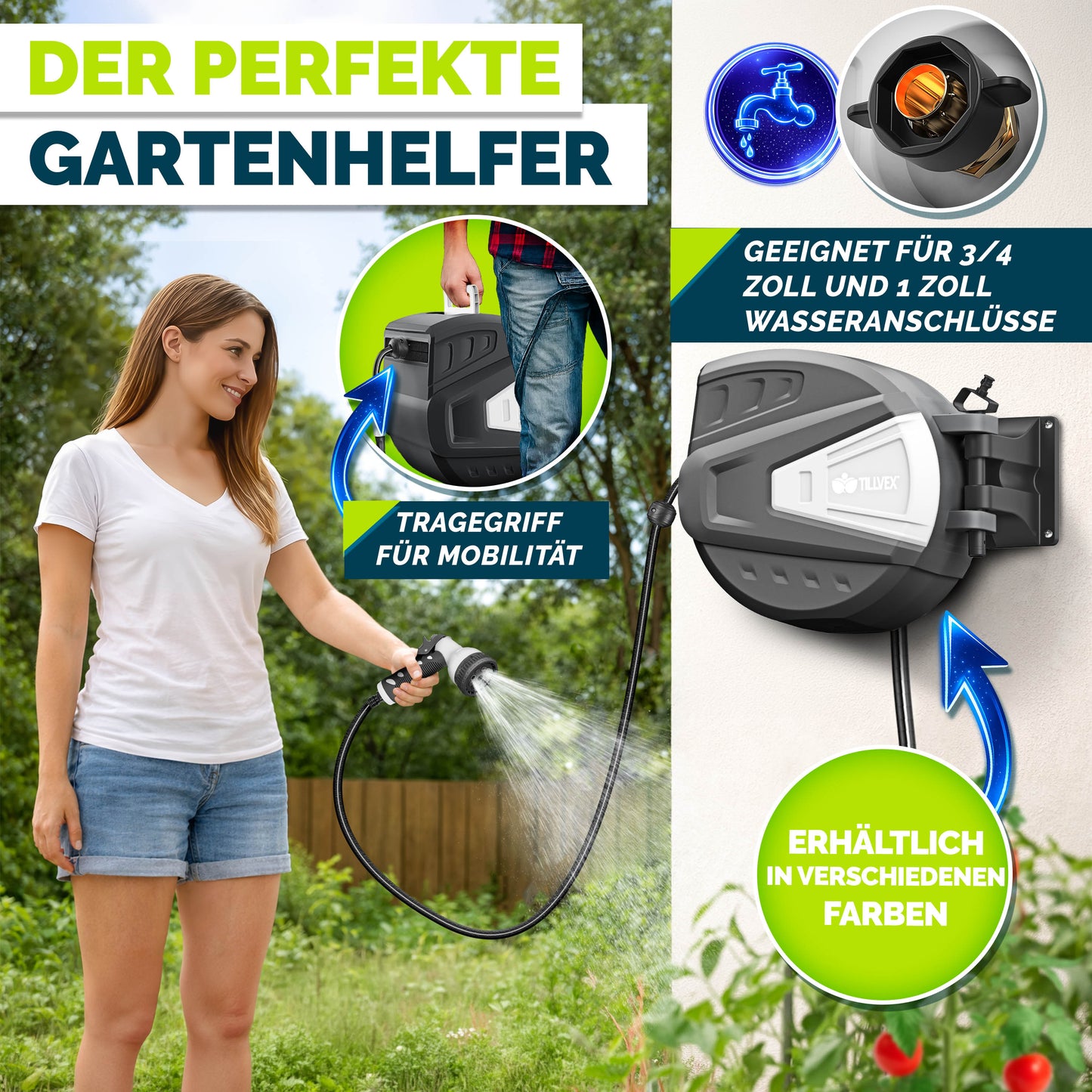 tillvex® Schlauchtrommel Wasser 20+2m mit Wandhalterung + Tragegriff | Schlauchaufroller mit Handbrause und Gartenschlauch | Wasserschlauchtrommel Automatisch 180° Schwenkbar | Wand-Schlauchbox mit Aufroll-Automatik