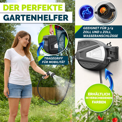 tillvex® Schlauchtrommel Wasser 20+2m mit Wandhalterung + Tragegriff | Schlauchaufroller mit Handbrause und Gartenschlauch | Wasserschlauchtrommel Automatisch 180° Schwenkbar | Wand-Schlauchbox mit Aufroll-Automatik