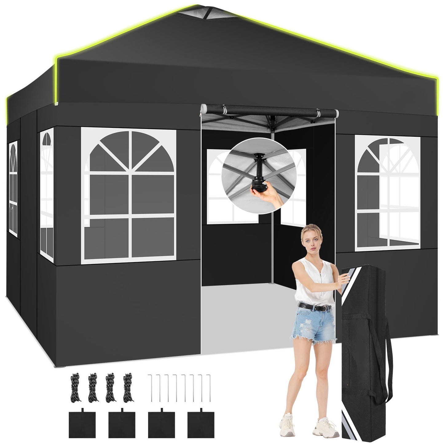 3x3m Ein-Person-Pop-Up-Markise mit 4 abnehmbaren Seitenwänden, 3 verstellbaren Höhen, Belüftungsöffnungen  reflektierenden Streifen, robust  langlebig, inklusive Tragetasche, kommerzielles Partyzelt für Veranstaltungen, Outdoor-Stände