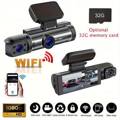 Dual Dashcam mit WLAN, Front- und Innenraumkamera, 1080P FHD Dashcam für Autos, mit Grad-Wide-Aufnahme, Parküberwachungs-App mit Loop-Aufnahme, 24-Stunden-Parküberwachung, mit optionalem 32GB SD-Karte