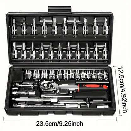 43-tlg. Ratschen-Steckschlüssel-Set, metrisch, Verlängerungsstange, für Auto-, Fahrradreparatur  Haushaltsgebrauch, plattierte Struktur, vormontiert, manuell, inklusive Aufbewahrungsbox, Werkzeugsatz