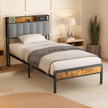 Stilvolles gepolstertes Holzbett mit Metallrahmen, elegantes Doppelbett mit Lattenrost  stützendem Kopfteil – Perfekt für jedes Schlafzimmer (Dunkelgrau, Grau)