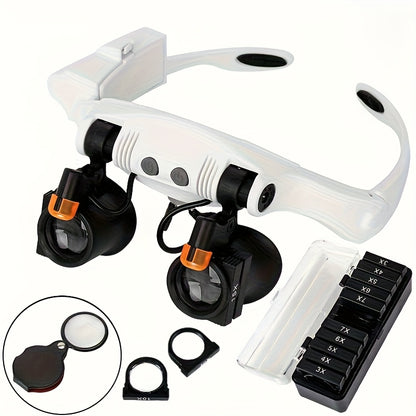 Kopfmontiertes Vergrößerungsglas und Mini-Faltvergrößerungsset (2er-Pack), Kopfband LED-beleuchtetes Vergrößerungsglas mit austauschbaren kalten und warmen Lichtern, mit 3X, 4X, 5X, 6X, 7X, 10X, 6 abnehmbaren Linsen, für Naharbeiten, Schmuck, (Keine Batte