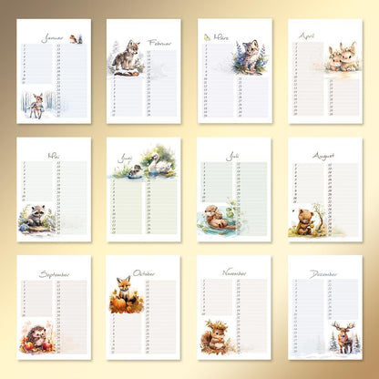 Geburtstagskalender undatiert Geburtstagsplaner Wandkalender A5 immerwährend Jahresunabhängig Kalender Geburtstagsübersicht zum Aufhängen Tier Design in zartem Aquarell Waldtieren Tiere