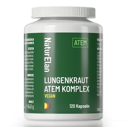 Lungenkraut Kapseln - Atem Komplex, 120 Kapseln mit 400mg pro Tagesdosis, mit Lungwort, Salbei, Pfefferminze, Süßholzwurzel, Polyphenol-Extrakte uvm - Herbst- und Winter-Must-have - Vegan, ohne Zusätze, in Deutschland produziert