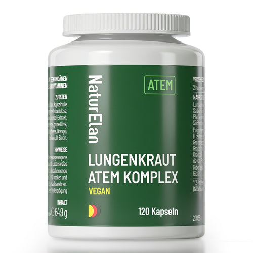 Lungenkraut Kapseln - Atem Komplex, 120 Kapseln mit 400mg pro Tagesdosis, mit Lungwort, Salbei, Pfefferminze, Süßholzwurzel, Polyphenol-Extrakte uvm - Herbst- und Winter-Must-have - Vegan, ohne Zusätze, in Deutschland produziert