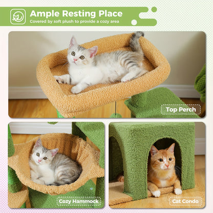 PAWZ Straßenkatzenbaum für Hauskatzen mit Riesen-Kondominium, 1 Sisalebrett, 3 Kratzpfosten, Katzenkratzturm mit Großer Hängematte & Sitzstange 90cm