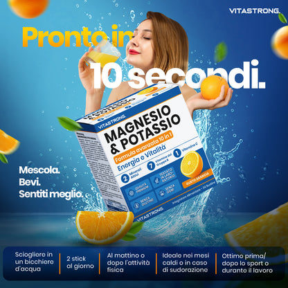 Vitastrong Magnesium und Kalium Formel 10-in-1, Kalium- und Magnesium-Integrator Multivitamin-Sticks 24 mit Vitamin C und B-Vitaminen, ohne Saccharose, Gluten, Orangen-Geschmack