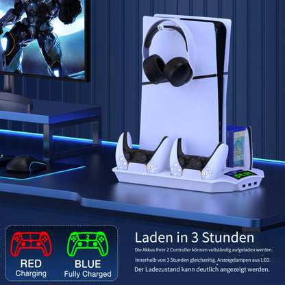 Kühlgebläse-Ständer für PS5, PS5 Slim, PS5 Digital & Disc Version mit 3-stufig einstellbarem Lüfter, Kopfhörerhalter (ohne Fernbedienung  Controller)