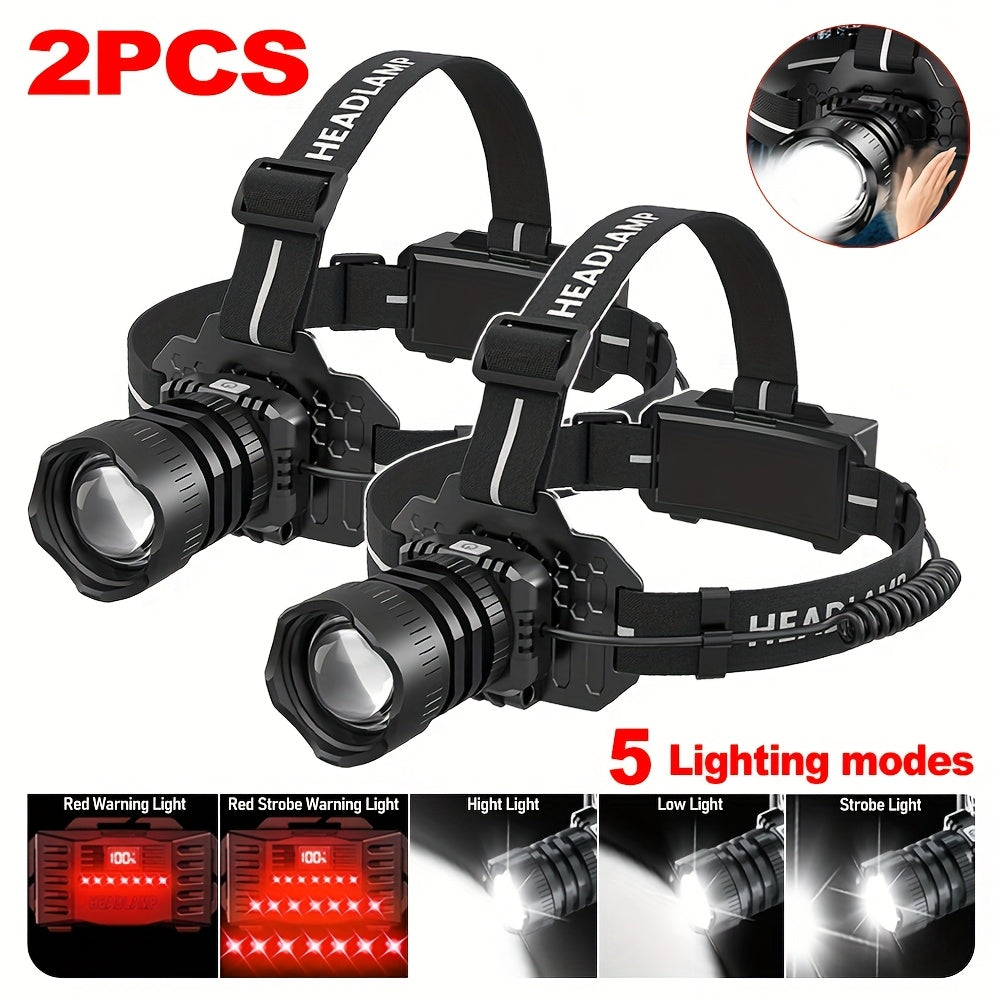 1/2 Stück LED Wiederaufladbare Stirnlampe, 5 Beleuchtungsmodi Stirnlampe mit Rotlicht-Warnleuchten, 90° Verstellbare Zoombare Laufstirnlampe, Superhelle Jagd-Stirnlampe für Camping, Wandern, Angeln, Laufen, Autoreparatur