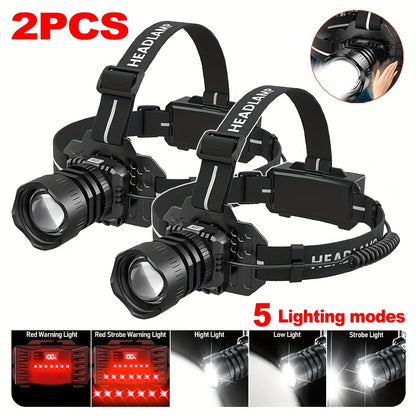 1/2 Stück LED Wiederaufladbare Stirnlampe, 5 Beleuchtungsmodi Stirnlampe mit Rotlicht-Warnleuchten, 90° Verstellbare Zoombare Laufstirnlampe, Superhelle Jagd-Stirnlampe für Camping, Wandern, Angeln, Laufen, Autoreparatur