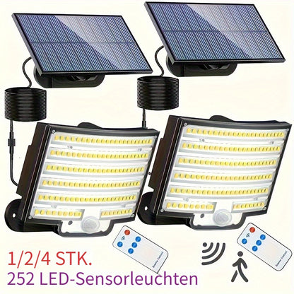 1/2/4 Stück 252LED Solarleuchten für den Außenbereich, verbesserte Split Human Body Sensor Leuchte für den Außenbereich mit Solar-Fernbedienung, Solar-Sicherheitsleuchten für den Garten, Garage, Terrasse, Veranda und Gartenbeleuchtung, Solar Sensor Leucht
