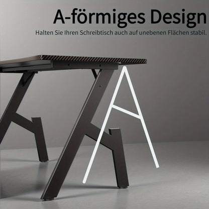 A-förmiger Gaming-Schreibtisch aus Carbonfaser für Home Office  Gaming, ergonomische Kurve, robustes Stahlgestell, Kabeldurchführungen, Getränkehalter, Kopfhörerhalter, Schwarz, 1 Stück