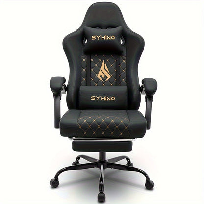 Gaming Stuhl mit Fußstütze, Ergonomischer Computer Gaming Stuhl, Verstellbarer Schwenkstuhl mit Lordosenstütze, PC Stuhl, Bürostuhl, Schwarz