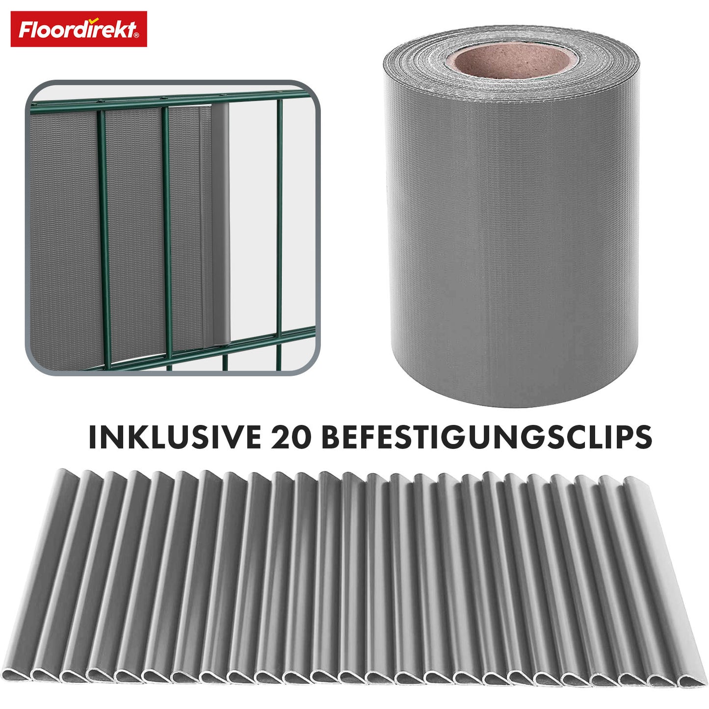 PVC Sichtschutzstreifen für Doppelstabmattenzaun – 35 m Rolle, 19 cm hoch, inkl. 20 Clips, in 3 Farben & 4 Designs erhältlich