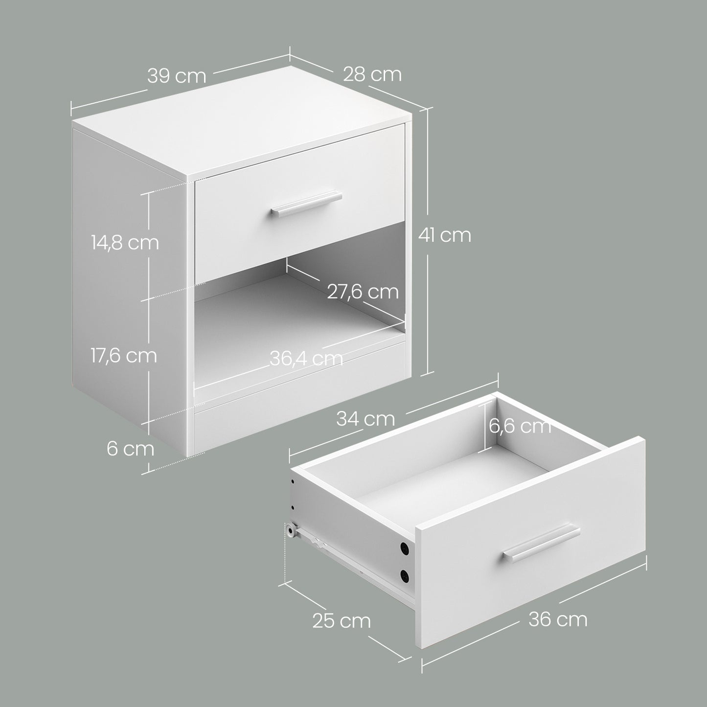 Nachttisch, Beistelltisch, mit Schublade, 28x 39x 41cm, offenes Fach, Couchtisch, Schlafzimmer, Wohnzimmer, Erhältlich in fünf Farben