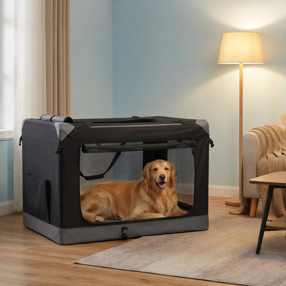 Tragbarer Oxford-Gewebe Haustierkäfig 50-106.7cm Für Katzen / Hunde aller Größen, Metallrahmen,Faltbar Und Praktisch, mit 4 Türen aus Netzstoff, Griffen, Taschen für Futter und Wasserflasche,Ideal Für Reisen Und Outdoor-Aktivitäten，tintenschwarz/schwarz-g