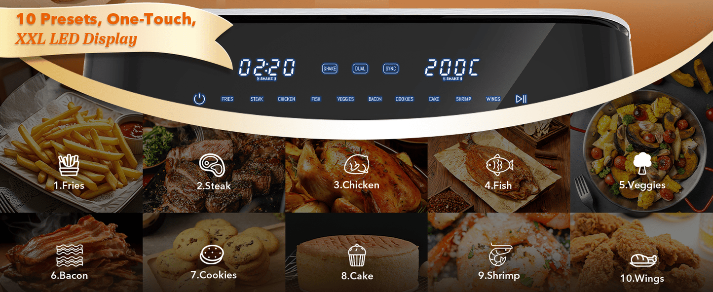 WELLENT Dual Easy Fry Heißluftfritteuse 11 L (7L+4L) - Airfryer mit 2 Kammern, Schublade, 10 Programmen, 2600 W, Extra Crisp Technologie, Spülmaschinenfest