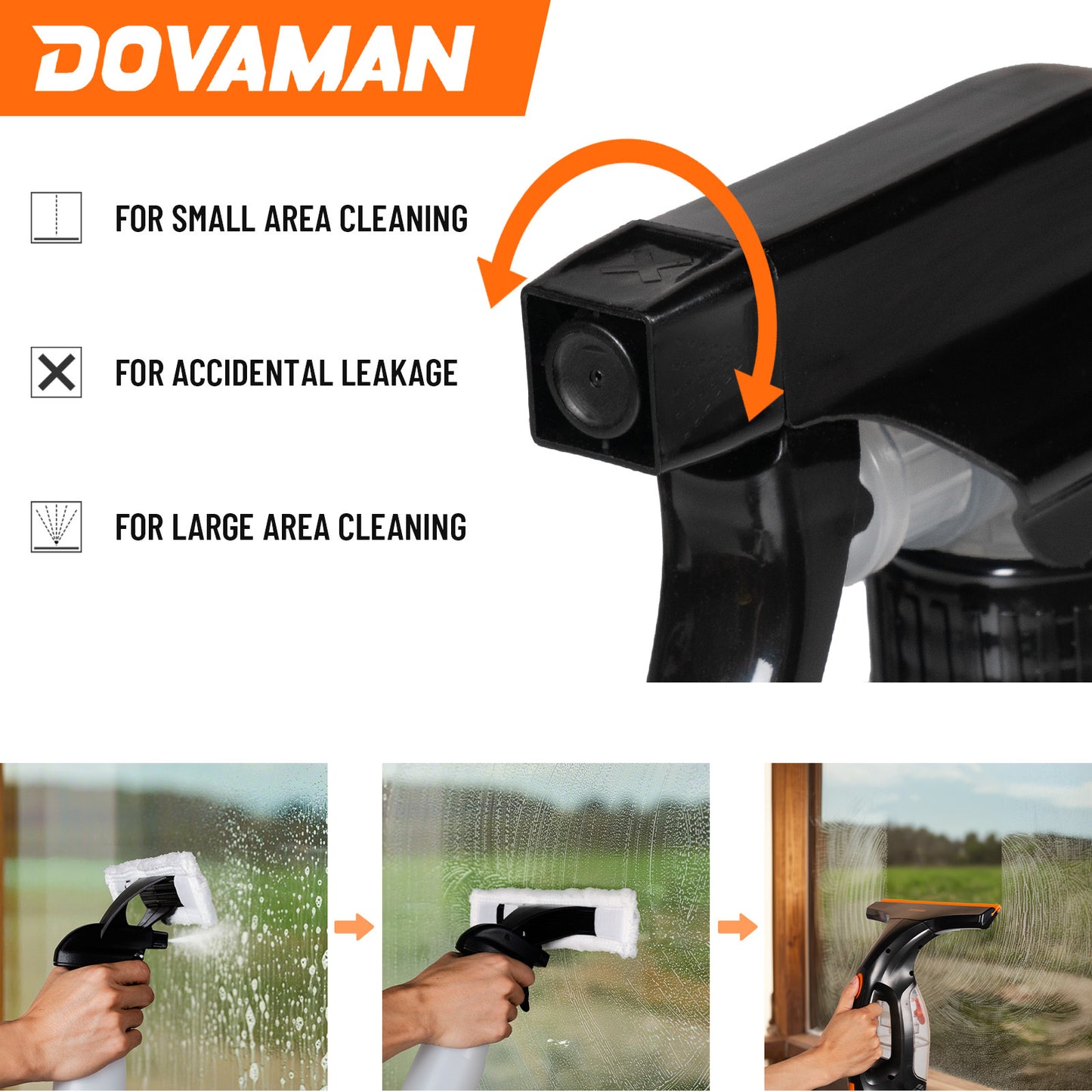 DOVAMAN Akku-Fensterstaubsauger, 30 Minuten Laufzeit, 280 mm breite Düse, 150 ml Wassertank, leichter 700 g Fensterstaubsauger mit Sprühflasche & 2 Mikrofaser-Tüchern für streifenfreie Reinigung von Fenstern, Fliesen & Spiegeln