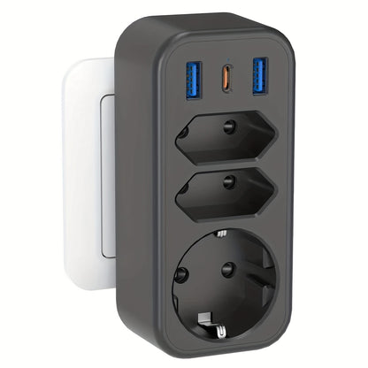 2er-Pack USB-Steckdose, Steckdosenadapter, 6-in-1-Mehrfachsteckdose mit 3 Steckdosen, 2 USB-Ladegeräten, 1 Typ-C-Anschluss, kompatibel mit Mobiltelefonen, Laptops, für Haushaltsgeräte, Mehrfachstecker für Zuhause, Reisen und Büro