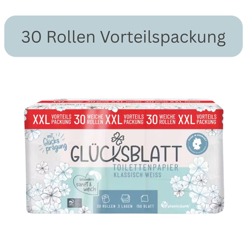 Glücksblatt Toilettenpapier 30 Rollen á 150 Blatt 3 lagig weiss / Vorratspackung ideal für Haushalt das Büro oder die Gastronomie geeignet