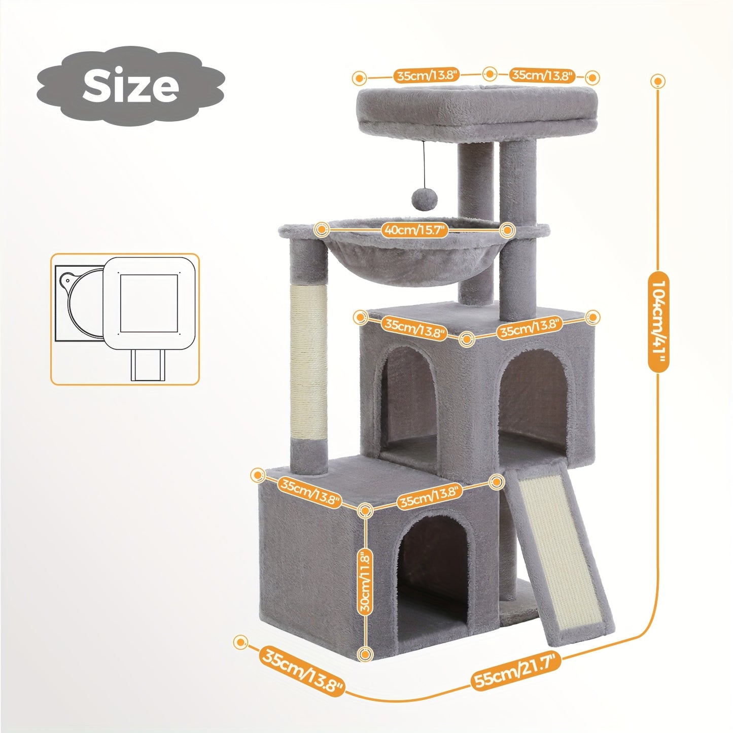 PAWZ ROAD Kratzbaum für Hauskatzen 104cm mit 2 Geräumigen Höhlen, Katzenhaus mit Bequemer Hängematte, Gepolsterter Sitzstange und Abnehmbarem Spielball