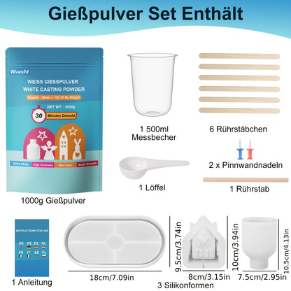 Harzgießpulver-Starterset, 1000g Gießpulver, inklusive 3/4 Formen, wasseraktiviertes Gips-Gießset, geeignet für Anfänger, DIY-Heimkunst