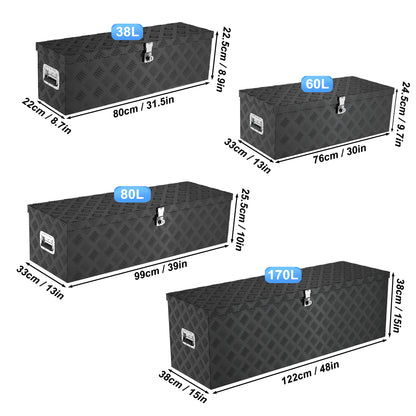 Truckbox Werkzeugkasten Aufbewahrungsbox Aluminiumkoffer Transportbox, Zugvorrichtungskasten für Autoanhänger LKW Nutzfahrzeuge Aufbewahrungsbox Werkzeugkasten Gurtbox Aluminiumbox 38L/60L/80L/170L Schwarz/Silberfarben