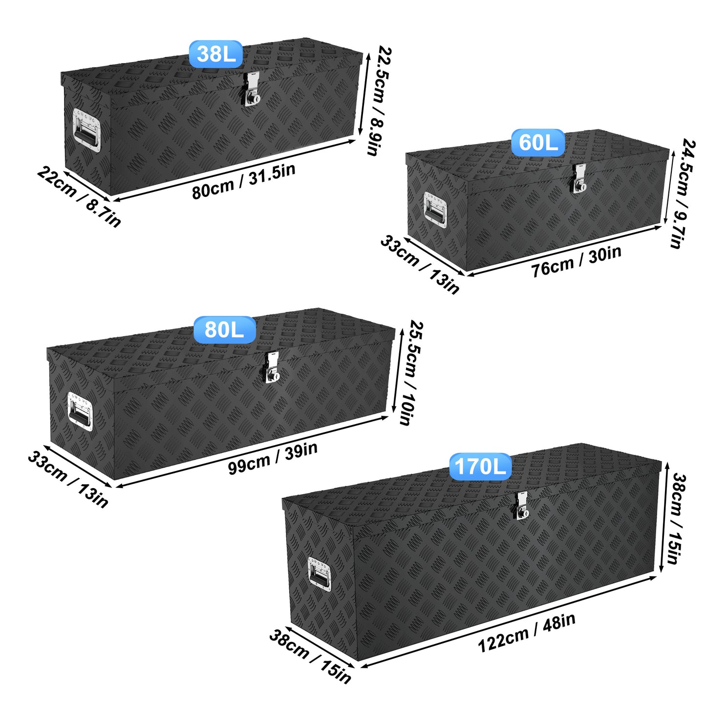 Truckbox Werkzeugkasten Aufbewahrungsbox Aluminiumkoffer Transportbox, Zugvorrichtungskasten für Autoanhänger LKW Nutzfahrzeuge Aufbewahrungsbox Werkzeugkasten Gurtbox Aluminiumbox 38L/60L/80L/170L Schwarz/Silberfarben