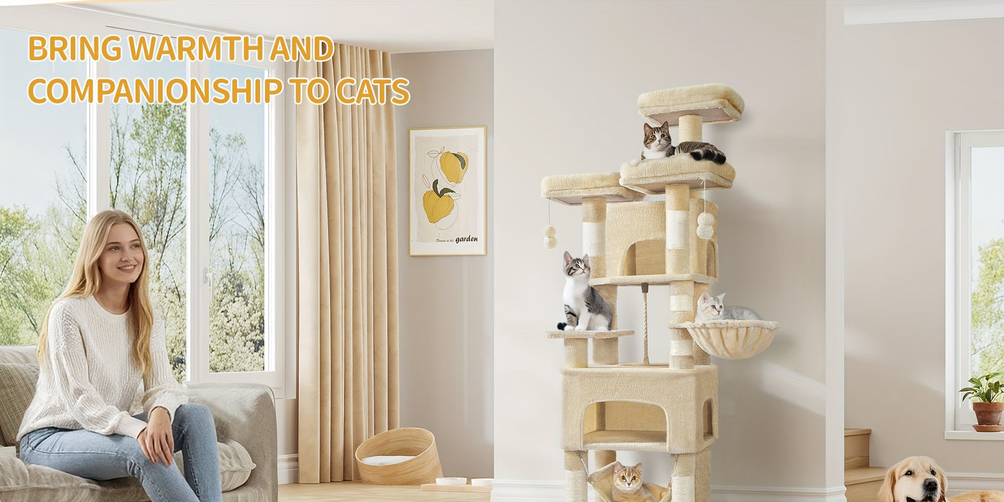 Katzenturm, 176 cm, XL-Größe mit 3 Plattformen, 2 Höhlen, 7 Kratzpfosten, Hängematte & Plüschball – Ideal für Mehrkatzenfamilien in Hellgrau/Dunkelgrau Beige, Kletterturm für Haustiere, Feline Verbreiterung, Platzsparender Baum, Mehrstöckiges Katzenmöbel,