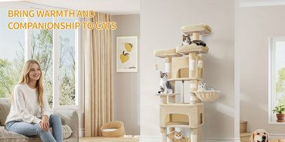 Katzenturm, 176 cm, XL-Größe mit 3 Plattformen, 2 Höhlen, 7 Kratzpfosten, Hängematte & Plüschball – Ideal für Mehrkatzenfamilien in Hellgrau/Dunkelgrau Beige, Kletterturm für Haustiere, Feline Verbreiterung, Platzsparender Baum, Mehrstöckiges Katzenmöbel,