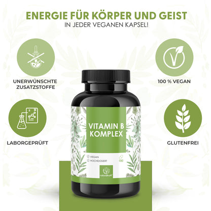 NATURALKRAFT® Premium Vitamin B Komplex - 500 µg B12 & 400 µg Folsäure - 8 B-Vitamine (B1, B2, B3, B5, B6, B7, B9, B12) für Energie, Nervensystem & Stoffwechsel - Vegan & Laborgeprüft - 180 Kapseln