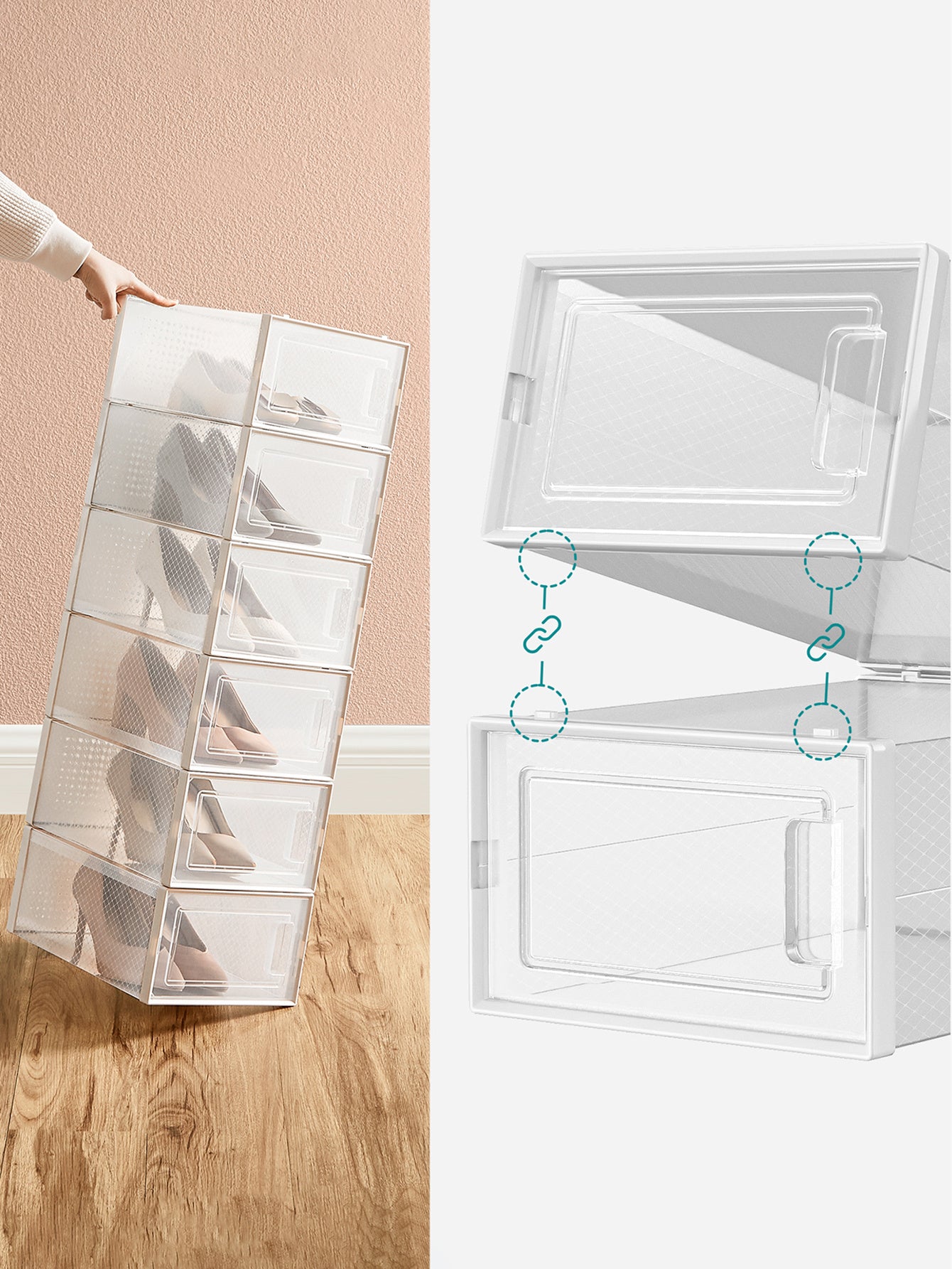 12 Stück Stapelbare Schuhboxen,Schuh-Organizer aus Kunststoff, Schuhaufbewahrungsschubladen, Aufbewahrungsboxen,faltbar und stapelbar, für Schuhe bis Größe 44
