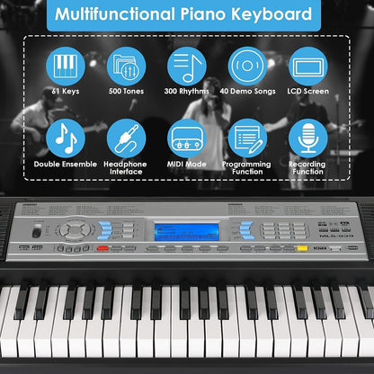 Klaviertastatur 61 Tasten, E-Piano mit Aufnahme-  Programmierfunktion, Digitalpiano für Anfänger  Profis, E-Piano mit Lautsprechern, integriertem Metronom  Notenständer inklusive