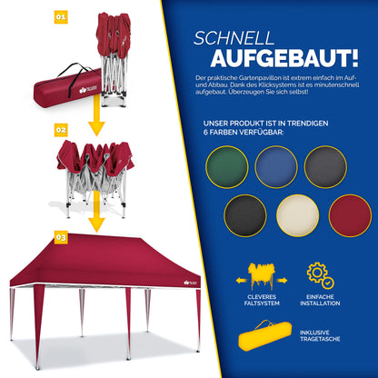 tillvex® Pavillon 3x6m Faltbar + 6x Sandsäcke | Pop-Up Faltpavillon Höhenverstellbar, Winterfest | Gartenzelt Stabil mit und ohne Seitenwänden UV Schutz 50+ | Partyzelt Wasserdicht mit Tasche für Garten
