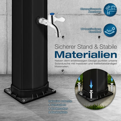 tillvex® Solardusche 20 - 60 Liter inkl. Abdeckung Solar Gartendusche Solar für draußen Pooldusche Komplettset warmes Wasser Camping ohne Stromanschluss mit Wasserhahn Gartenschlauch-Anschluss