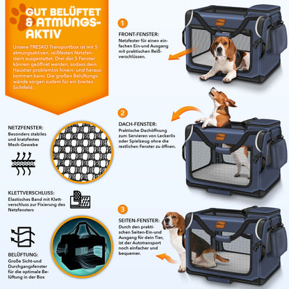 TRESKO® Hundebox faltbar inkl. Leckmatte, Spatel & Reflektoren | Transportbox für Hunde und Katzen | Hundetransportbox Auto für kleine, mittelgroße & große Hunde | Hundetasche für Zuhause Auto robust Anthrazit