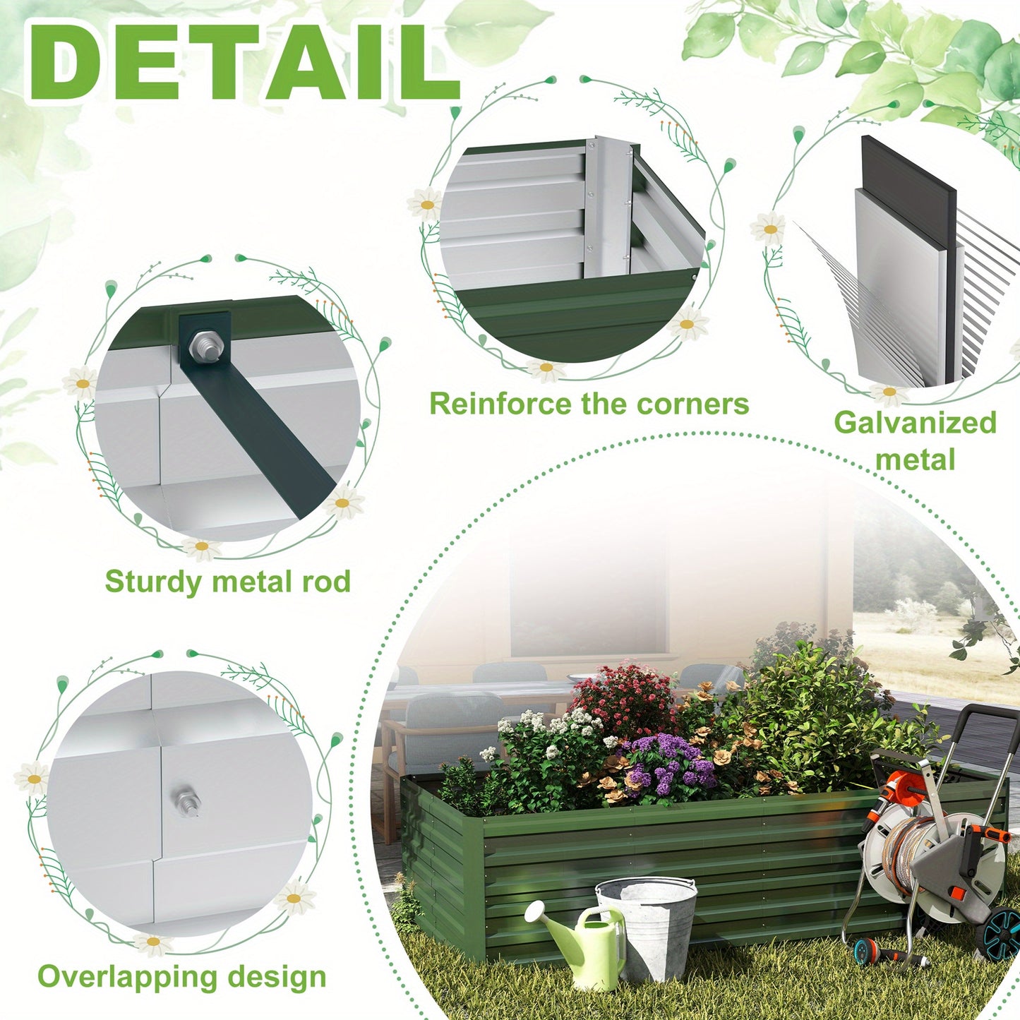 Hochbeet-Set – Pflanzkasten für Gemüse & Blumen im Freien – Rechteckiges Kräuterhochbeet für Garten, Terrasse – Grün/Schwarz/Silbrig – 4 Größen wählbar