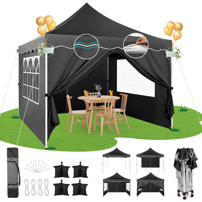 3x3m Pop-Up-Zelt, Partyzelt mit Seitenwänden, faltbarer Pavillon, belüftetes Doppel-Dach, Tragetasche  Sandsäcken inklusive, 4 Mesh-Seitenwände, höhenverstellbar, einfach aufzubauen, geeignet für Outdoor, Rasen, Versammlungen, Partys