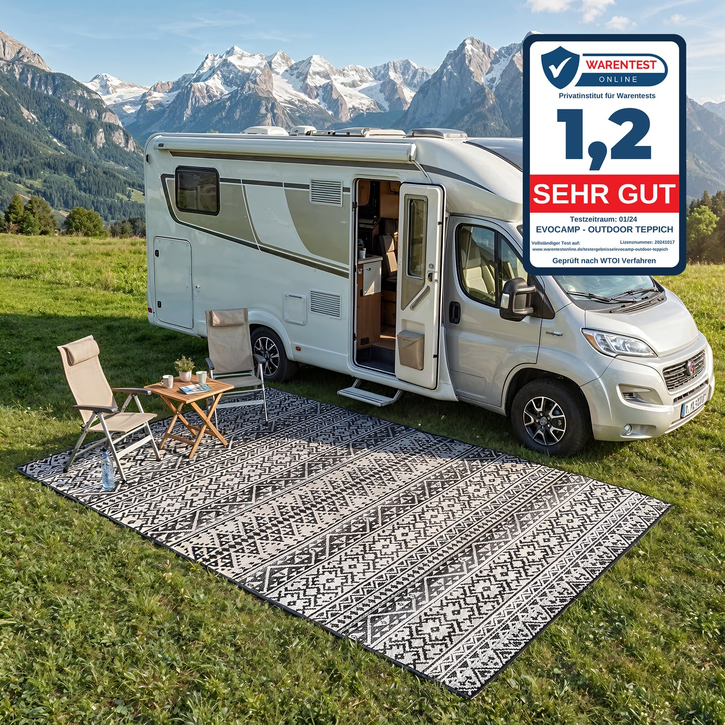 EVOCAMP Großer Outdoor-Teppich mit Tragetasche Picknickdecke für den Outdoor-Bereich, Vorzeltteppich Rasenteppich aus Kunststoff-Fasern, geeignet für Terrasse und Balkon