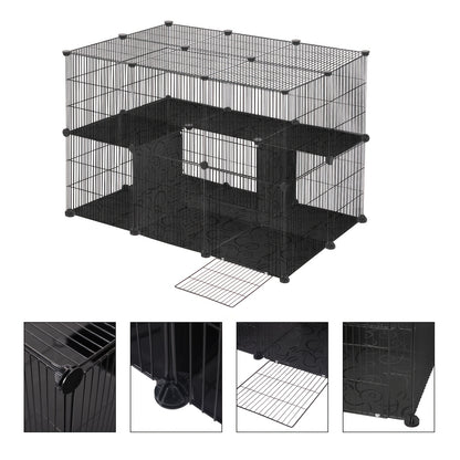 Außen-/Kaninchengehege geeignet für Meerschweinchen, Hamster, Katzen & Kleintiere – Robustes Drahtgitter-Gehege mit Bodeneinsätzen, geräumiger schwarz-weiß-grauer Rahmen, Zusammenbau – (105x70x70cm)
