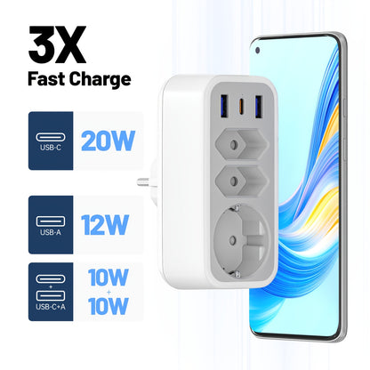 6-in-1 Multifunktions-Steckdosenleiste, 3 AC-Steckdosen + 2 USB-A + 1 USB-C Anschlüsse (20W PD Schnellladung), Kompaktes Design mit Überspannungsschutz, Ideal für Reisen, Büro, Wohnzimmer, Schlafzimmer und verschiedene tägliche Szenarien