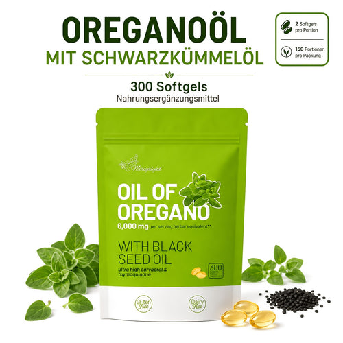 1 Beutel/2 Beutel Miriyalyad Oreganoöl-Weichgelkapseln mit Schwarzkümmelöl, 300 Stück Nahrungsergänzungsmittel, 6000 mg Kräuteräquivalent, Carvacrol 165 mg Thymoquinon, glutenfrei, milchfrei, Vitamine  Nahrungsergänzung, Familiengeschenk