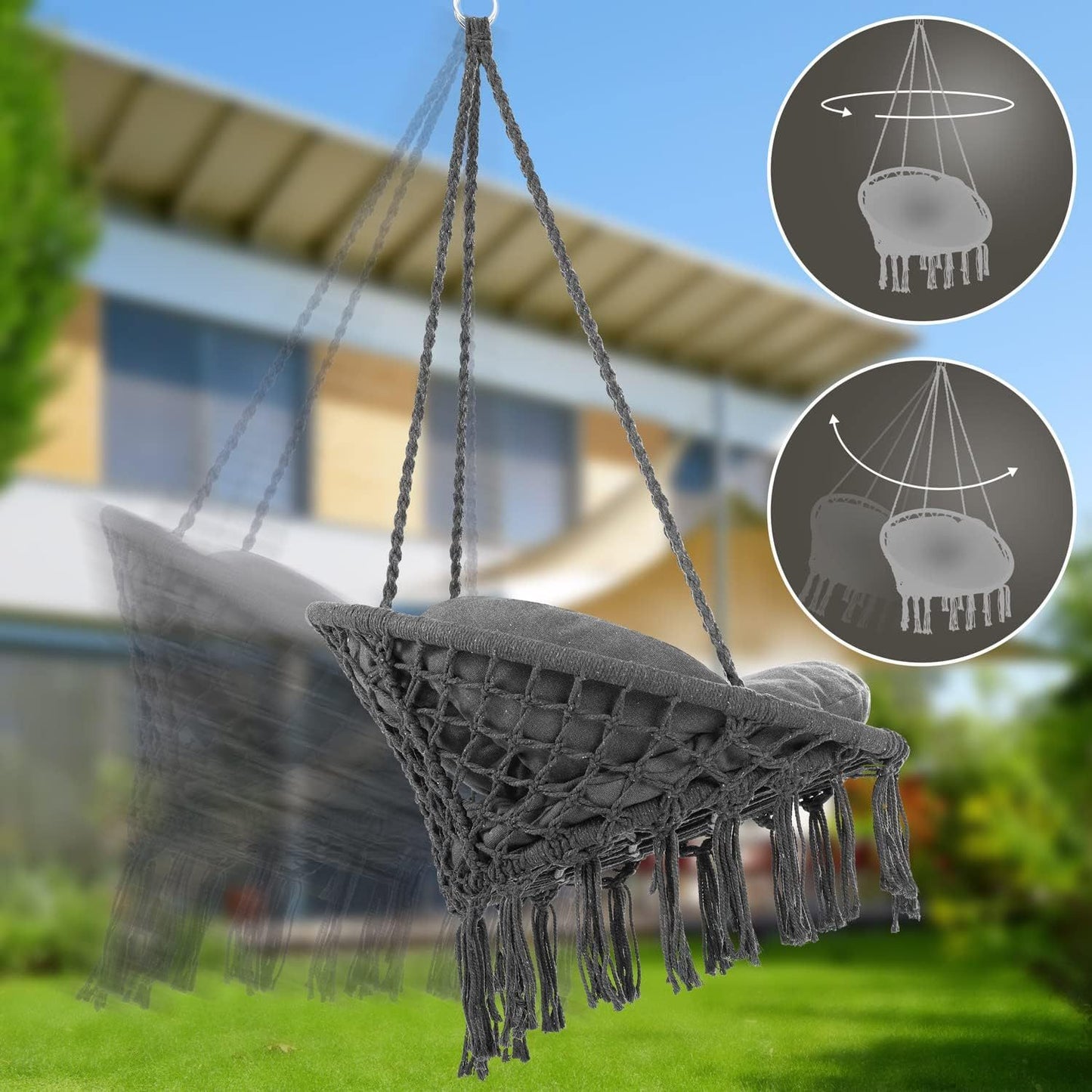 DETEX® Hängesessel bis 150kg Belastbar Boho Stil Wetterfest GS-zertifiziert Garten 360° Drehbar Hängestuhl Indoor & Outdoor inkl. bequemer Kissen